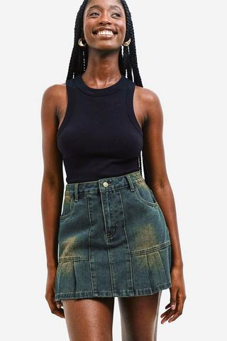 Pleated Denim Skirt