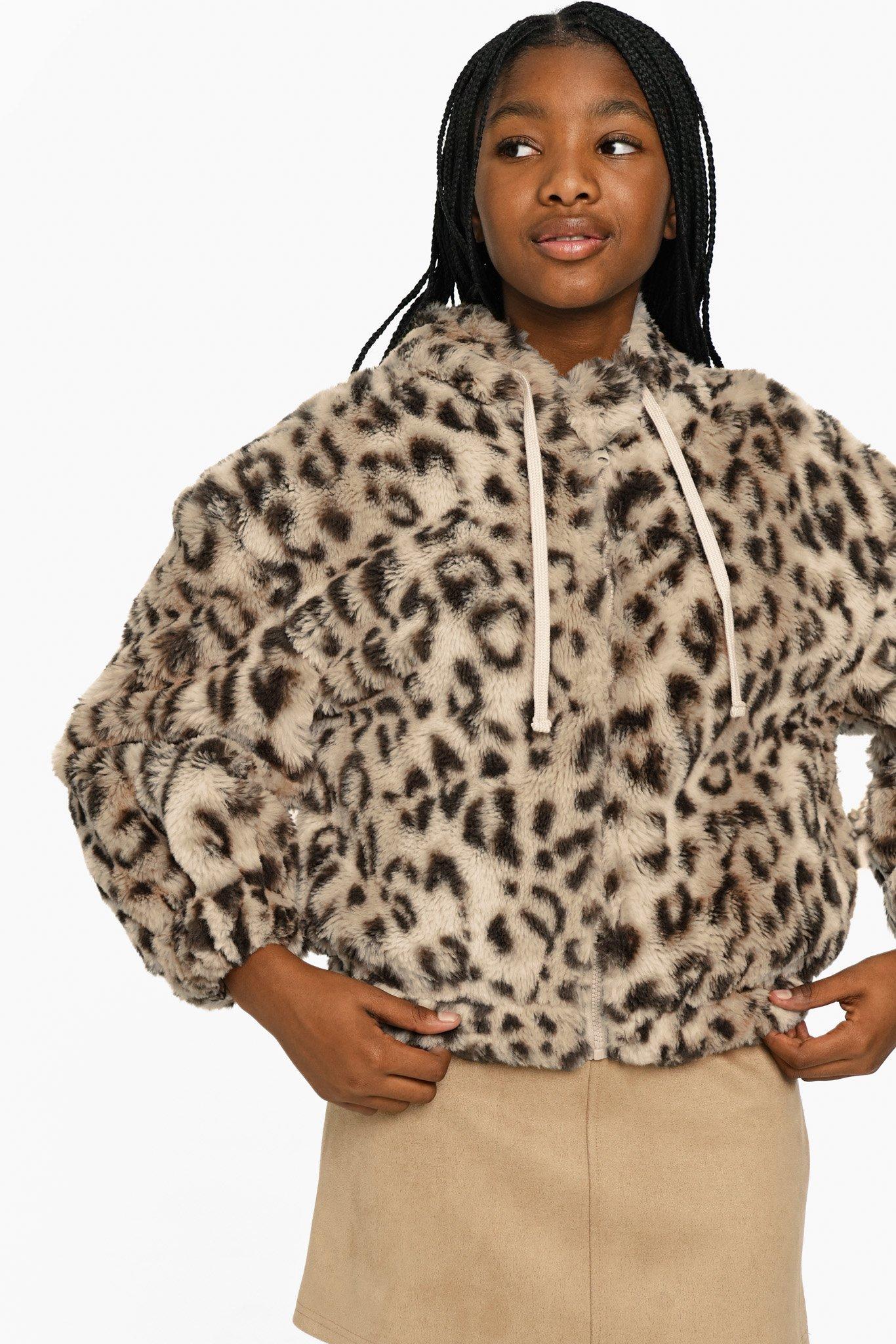 Leopard Print Faux Fur Hooded Jacket