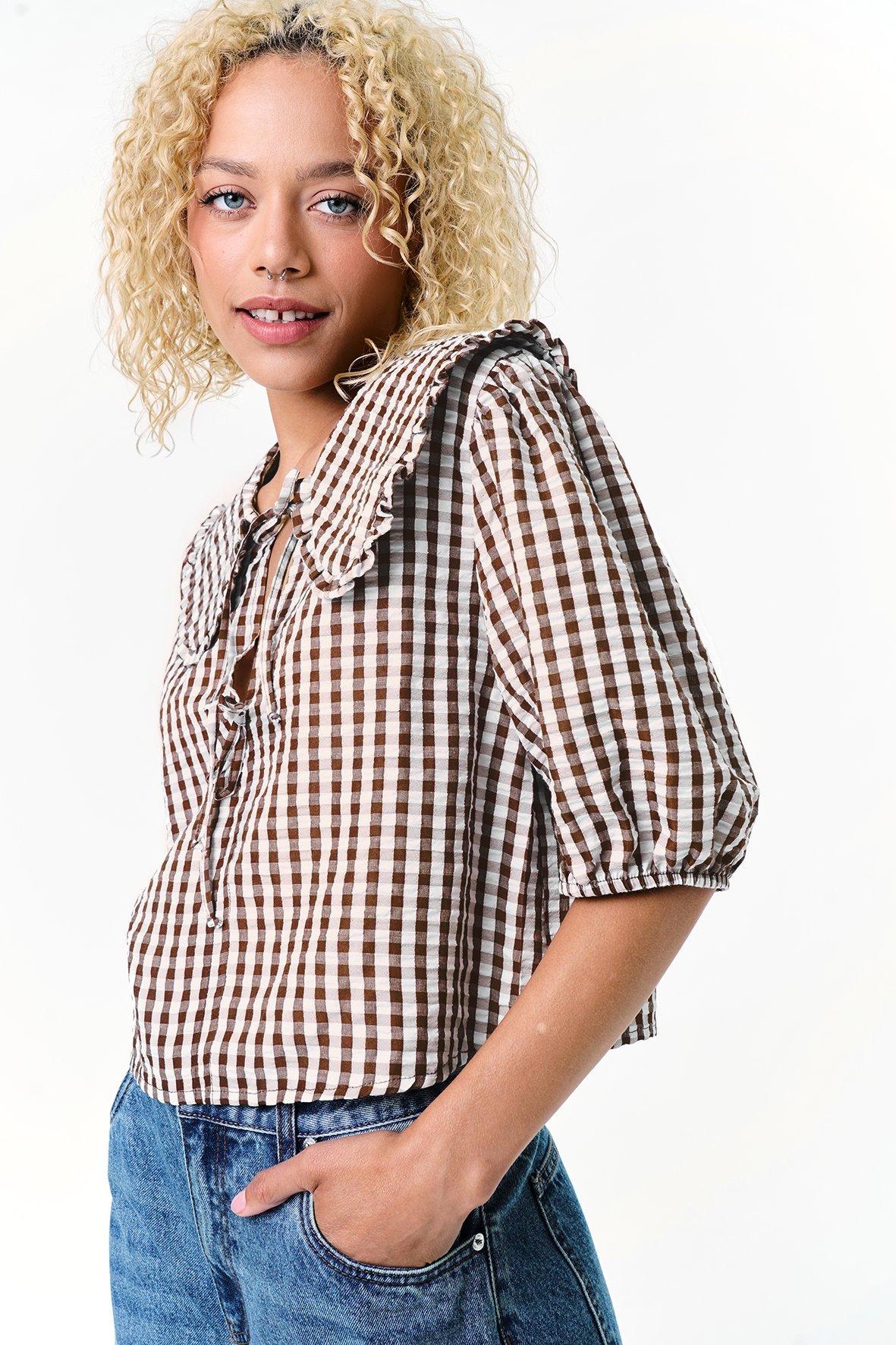 Gingham Tie Front Blouse