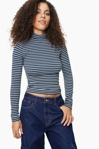 Seamless Stripe Long Sleeve Turtle Neck Top