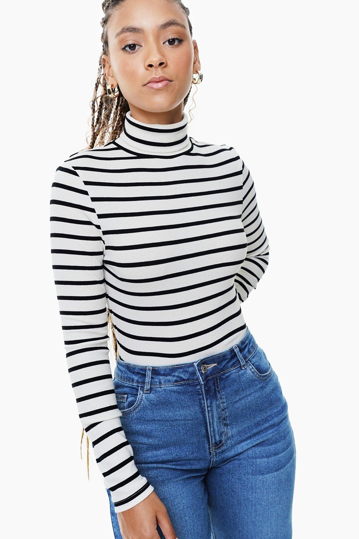 Stripe Long Sleeve Turtle Neck Top