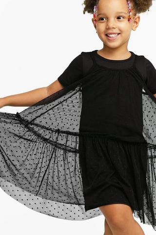 T-Shirt Dress And Mesh Overlay Set