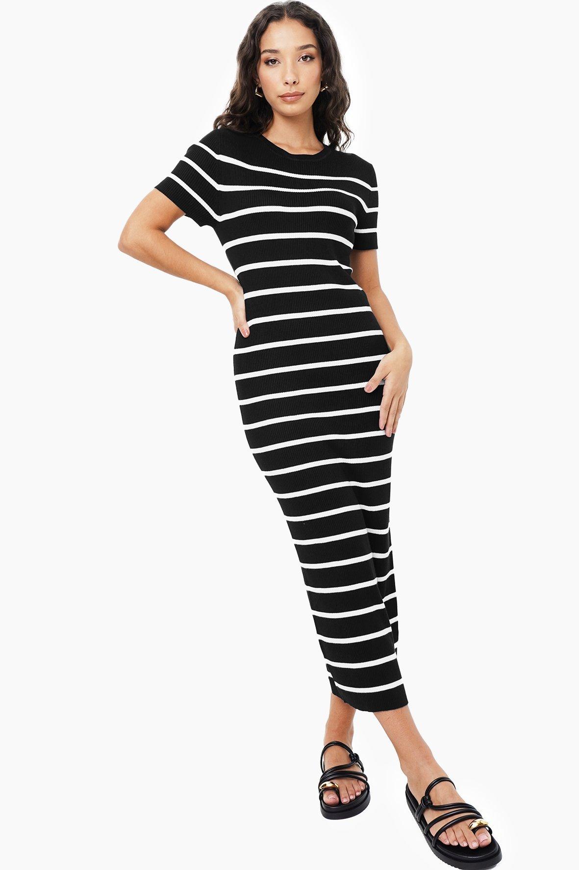 Striped Knit Twisted Bodycon Midi Dress