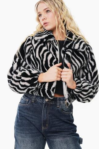 Zebra Print Faux Fur Jacket