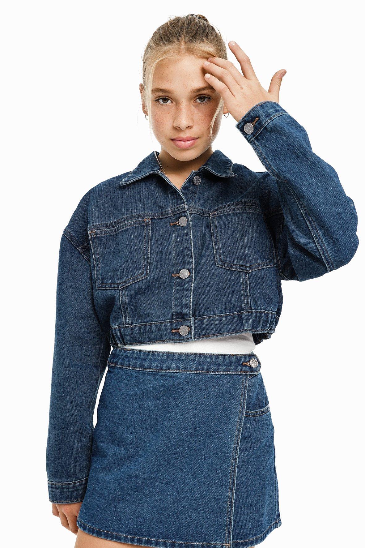 Cropped Denim Jacket with Raw Hem and Detachable Trousers Co-Ord Set - Dark Blue
