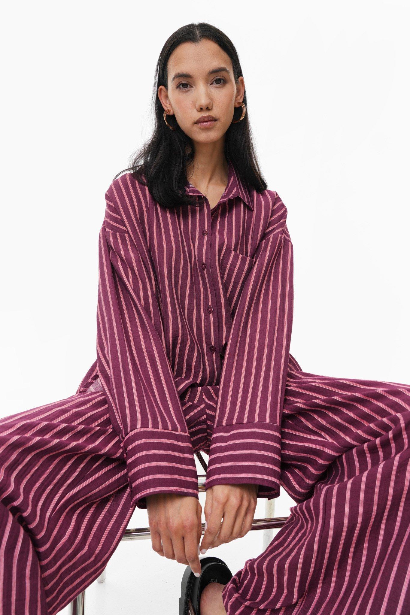 ga.co　Oversized volume stripe SH Long Sleeve Diagonal Stripe Oversized Poplin Shirt - Cobalt