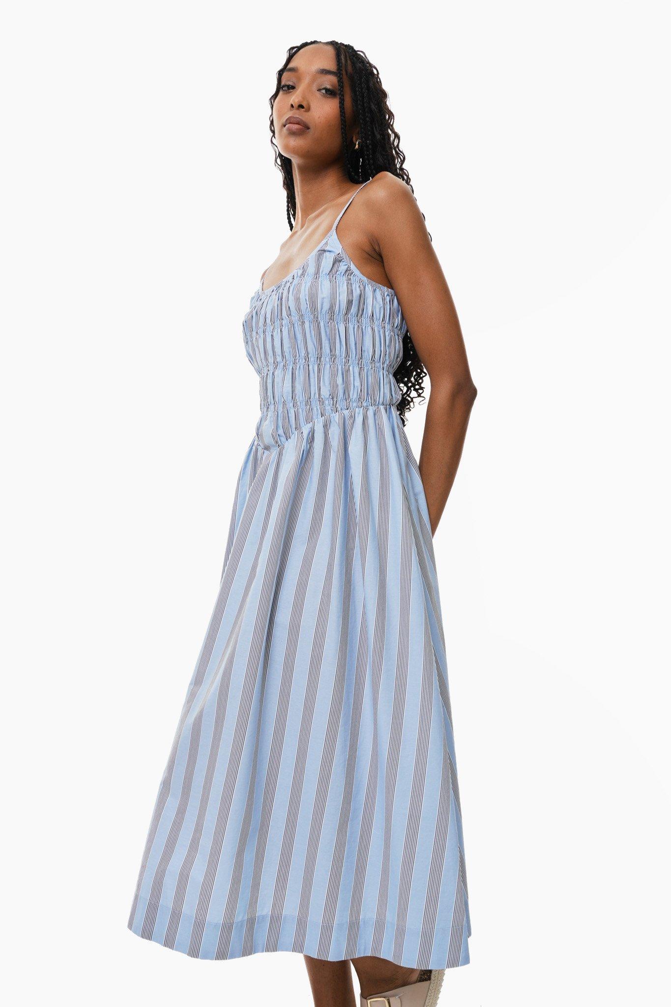 Leah Stripe Frilly Split Neck Shirred Ruffle Sleeve Dress