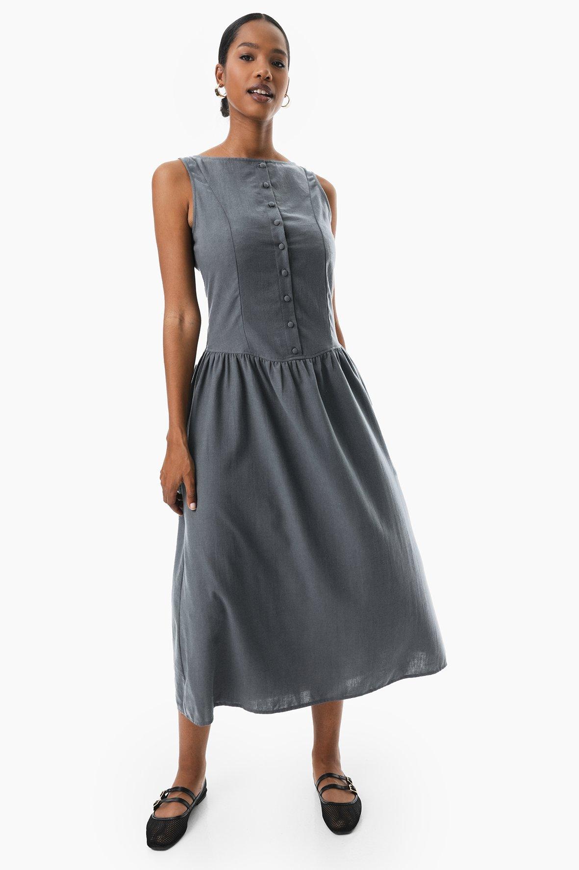 Button Down Sleeveless Drop Waist Dress