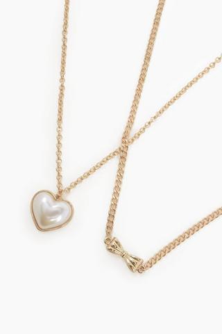 2 Pack Bow And Heart Necklace