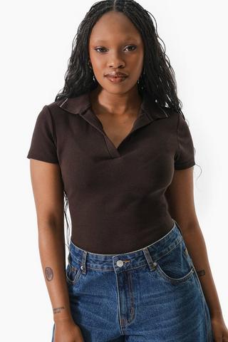 Ribbed Fitted Johnny Collar Top