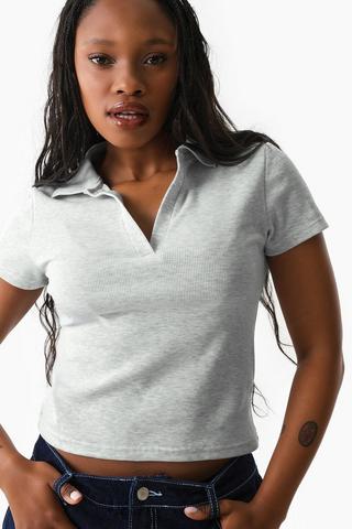 Ribbed Fitted Johnny Collar Top