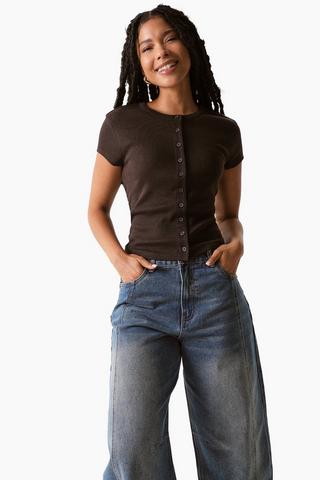 Ribbed Button-Up Top