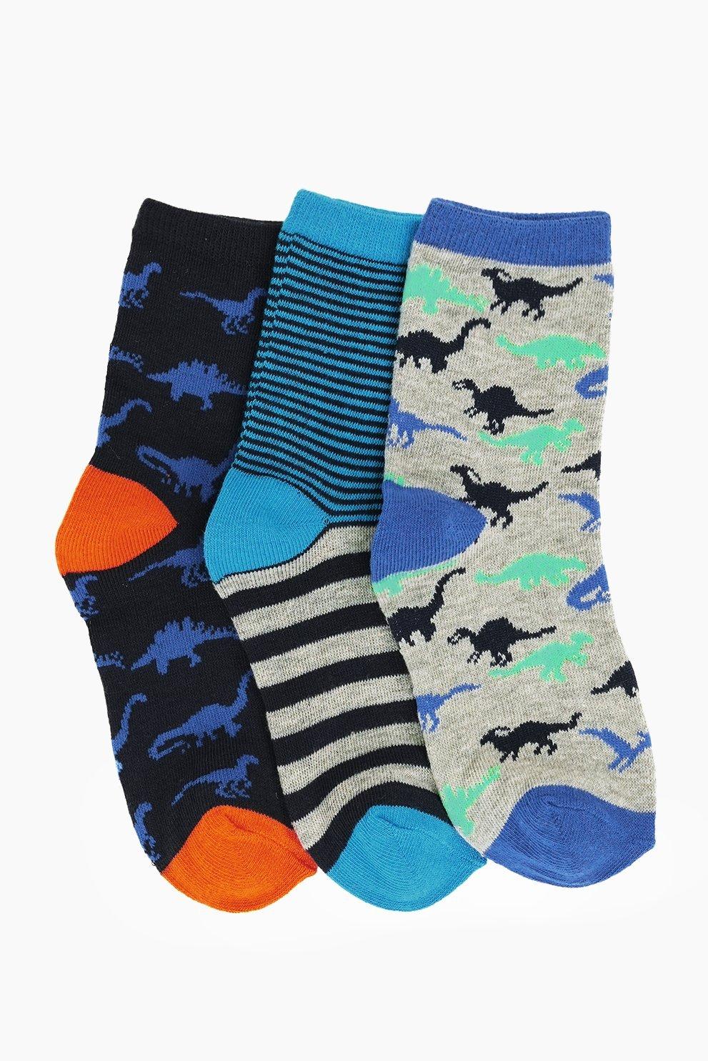 Cute Walk by Babyhug Terry Knit Ankle Length Antibacterial Socks with Dino Design & Stripes Pack of 3 - Grey Light Blue & White