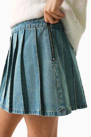 Denim Pleated Mini Skirt
