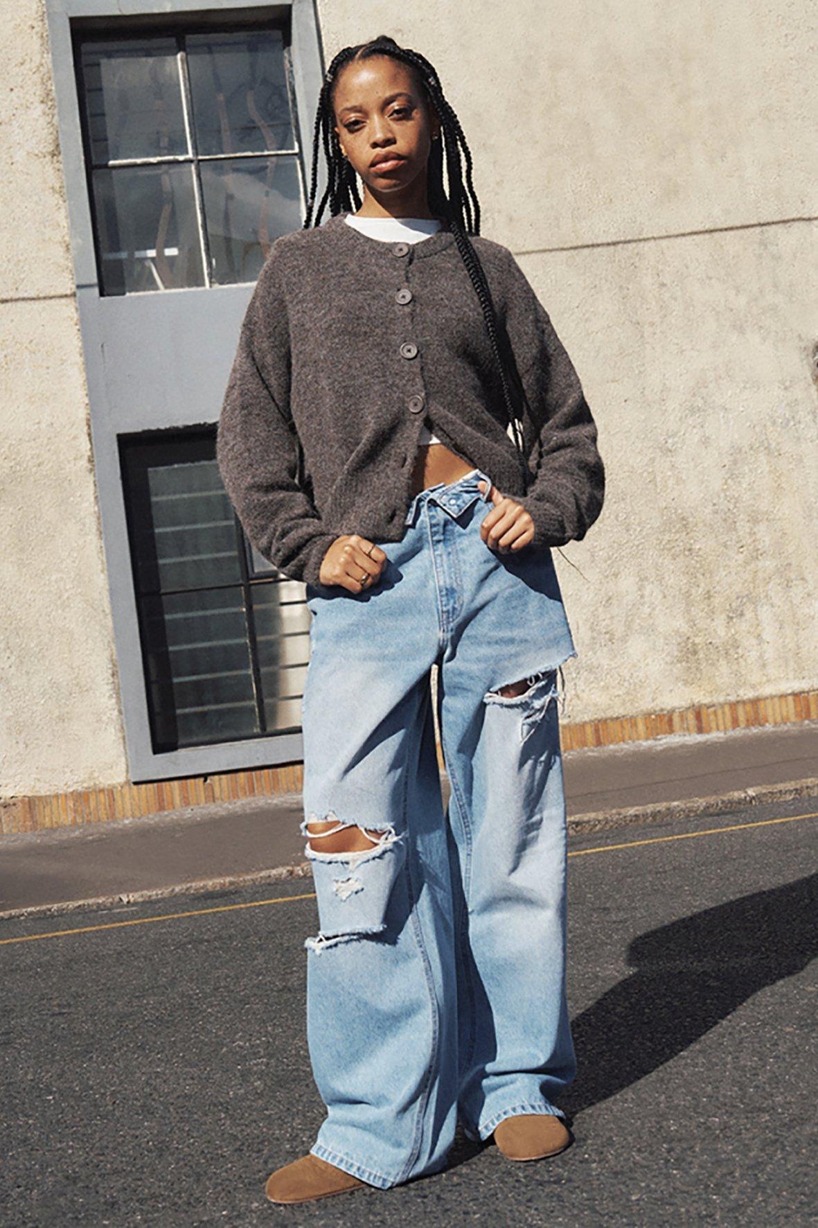 Fold Over Waistband Straight Denim