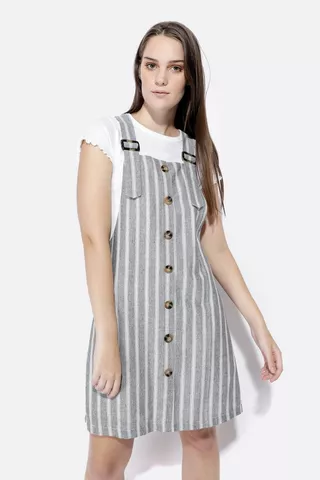Stripe Button Up Pinafore Dress
