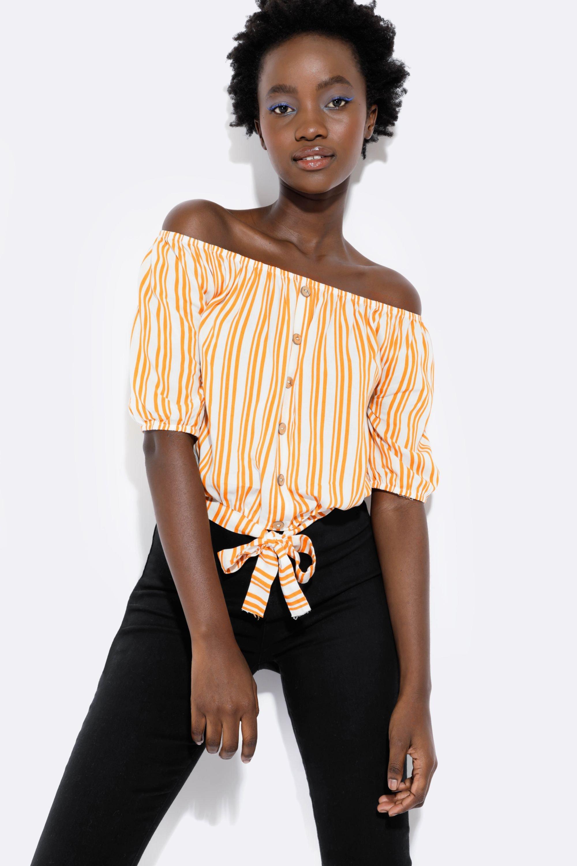 Yellow striped off store the shoulder top