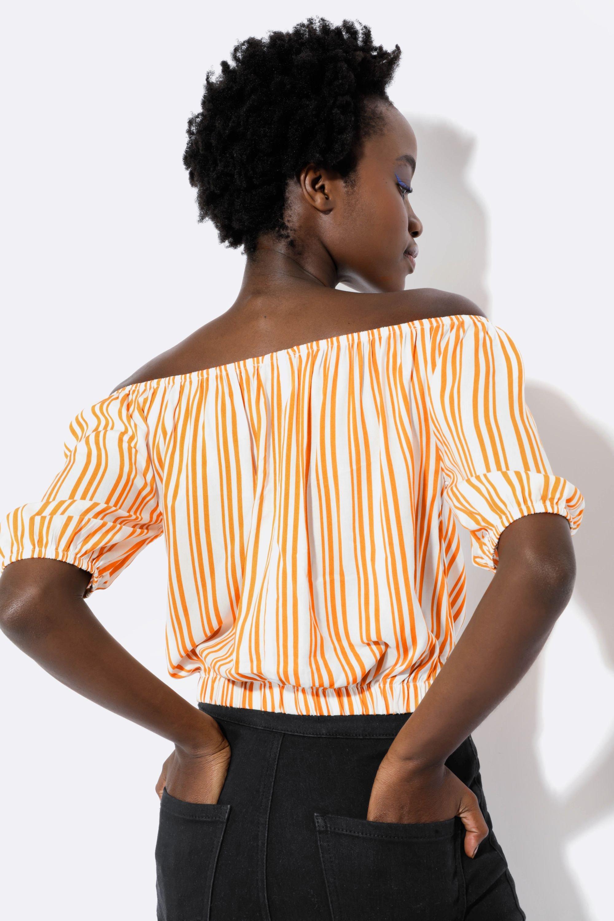 Yellow striped off store the shoulder top