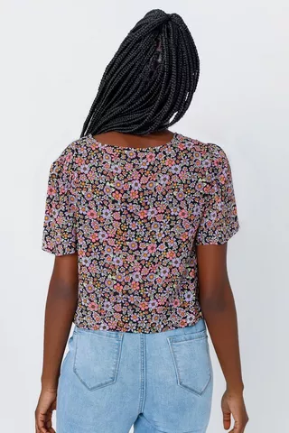 Floral Ruched Tie Front Top
