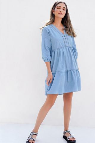 Tiered Trapeze Dress in Chambray