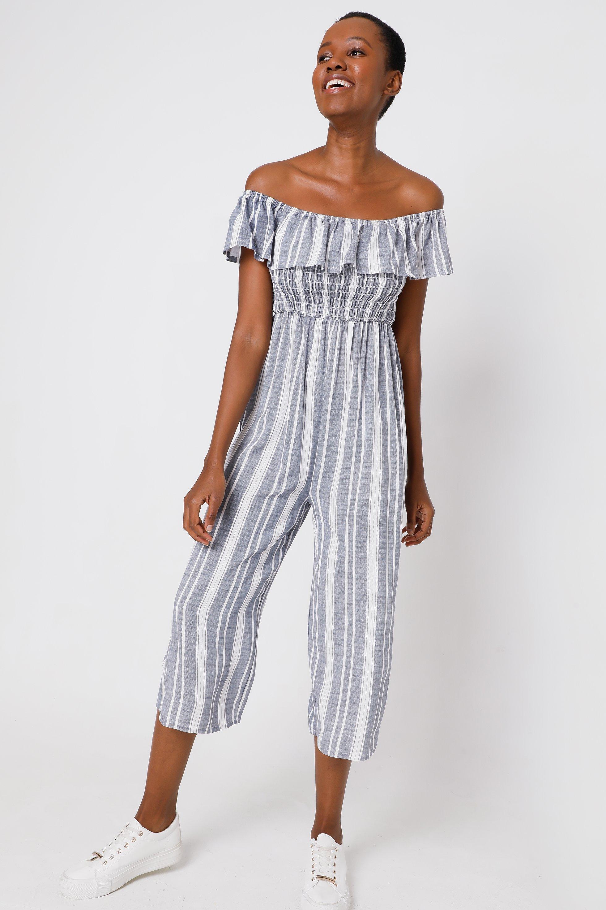 Black and white striped off the hot sale shoulder jumpsuit