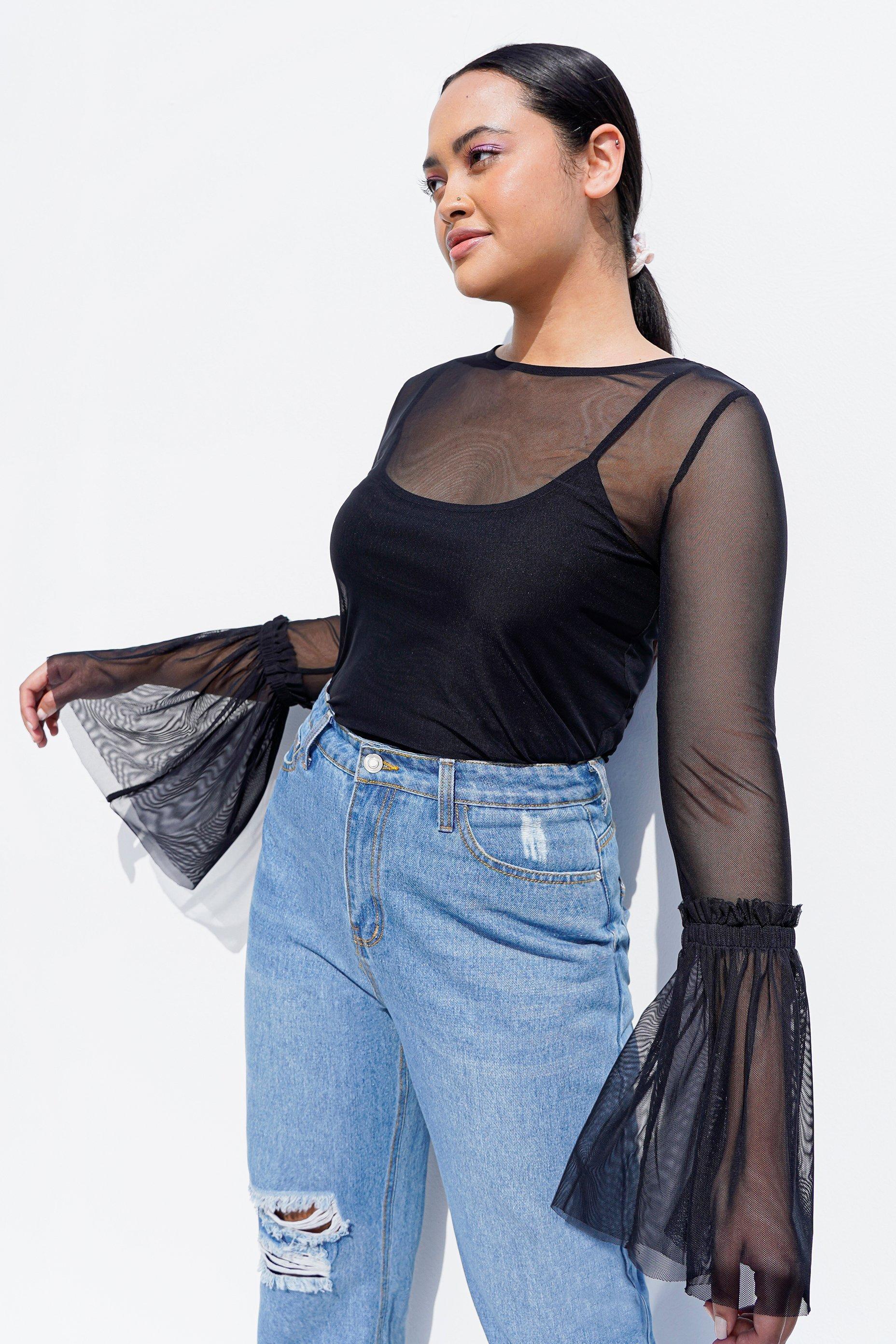 Black Mesh Bell Sleeve Top