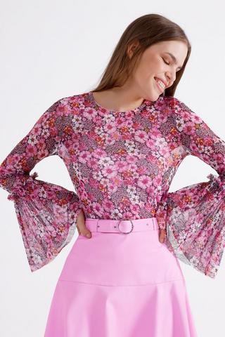 Floral Mesh Bell Sleeve Top