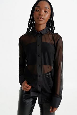 Cool Attitude Black Sheer Mesh Button-Up Long Sleeve Top