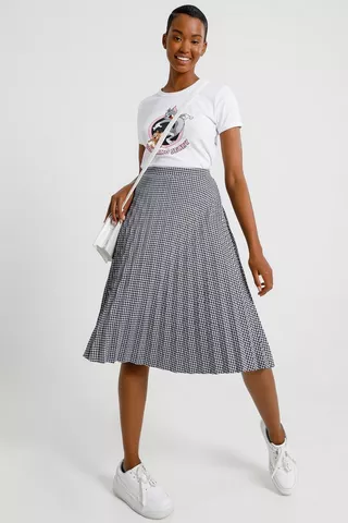 Check Pleated Midi Skirt
