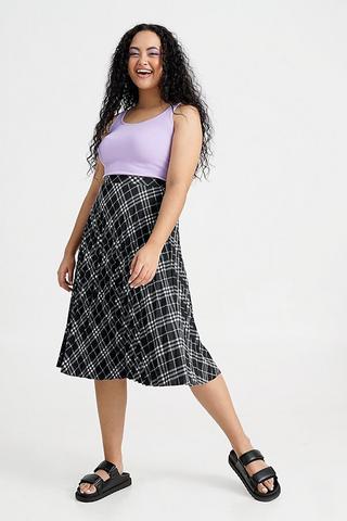 Check Pleated Midi Skirt