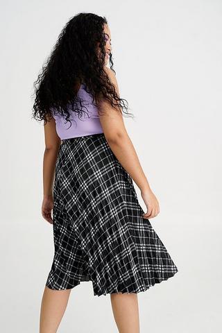 Check Pleated Midi Skirt