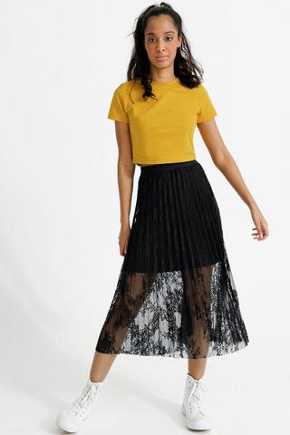 Pleated Lace Midi Skirt