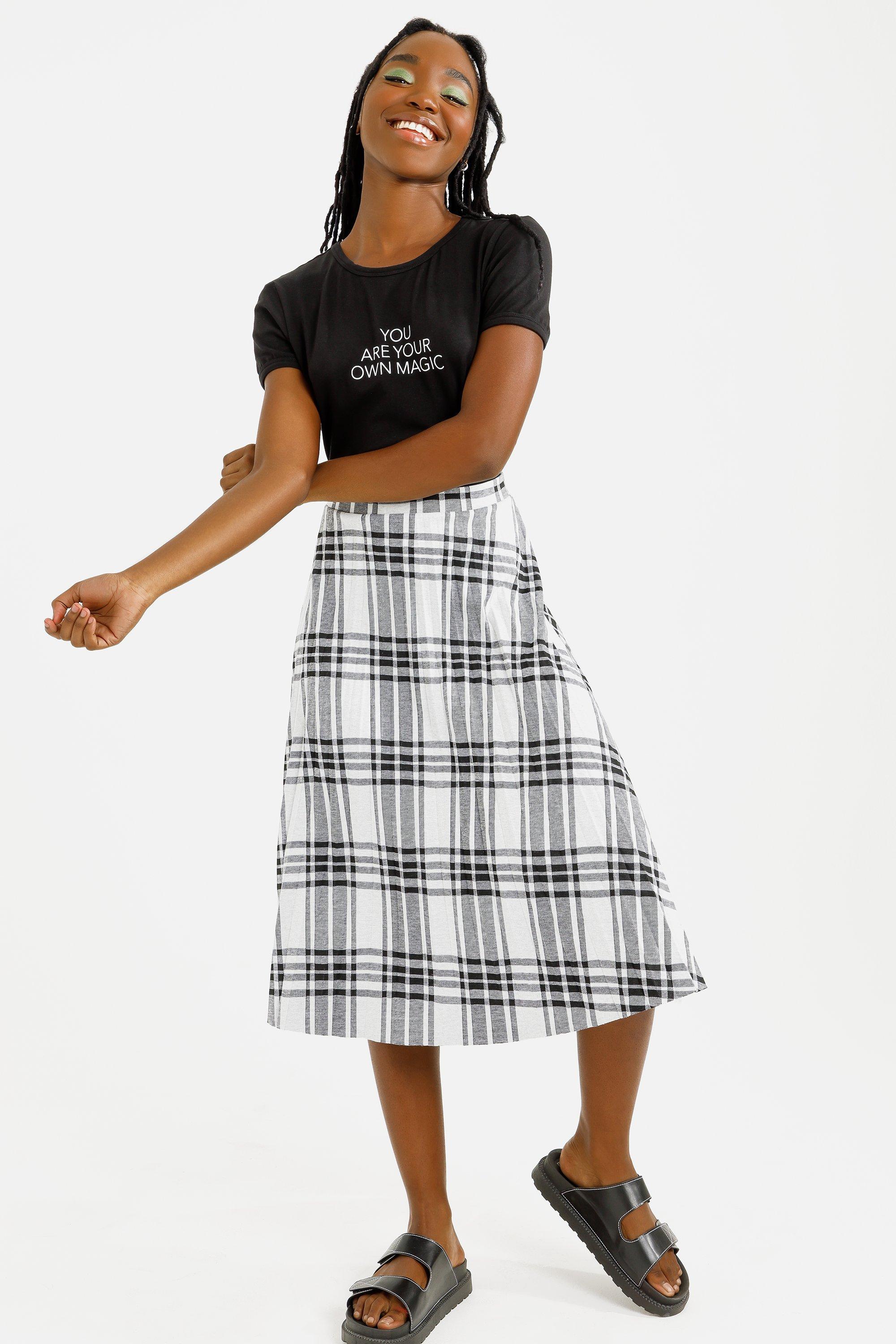 Pleated Check Midi Skirt