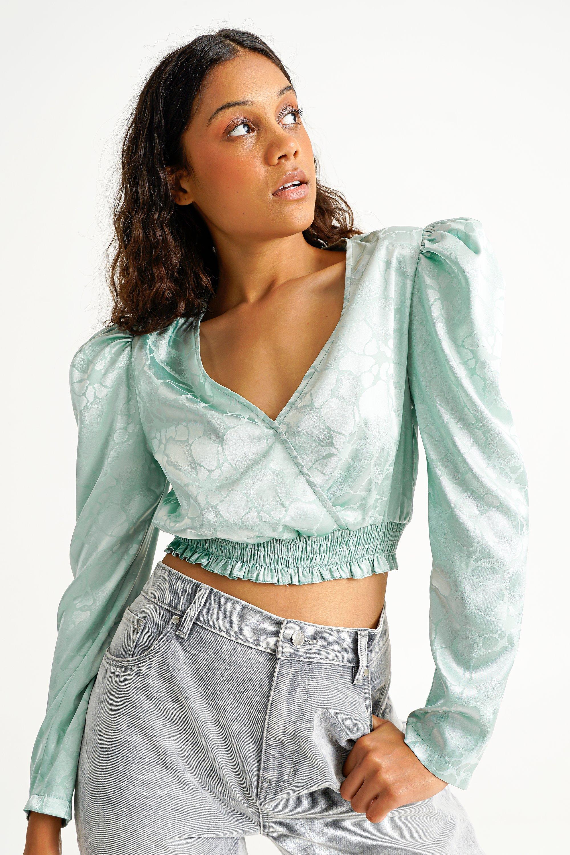 Pattern Puff Sleeve Crop Top