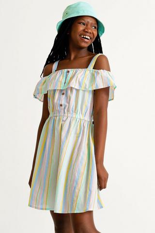 Striped cold shoulder clearance dress