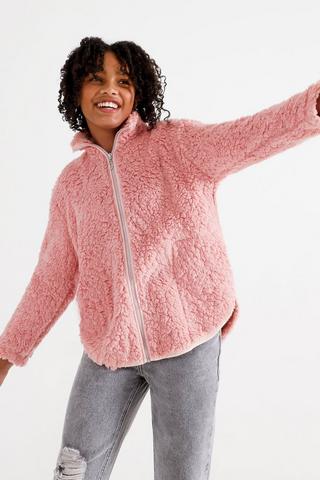 Pink fluffy bomber clearance jacket