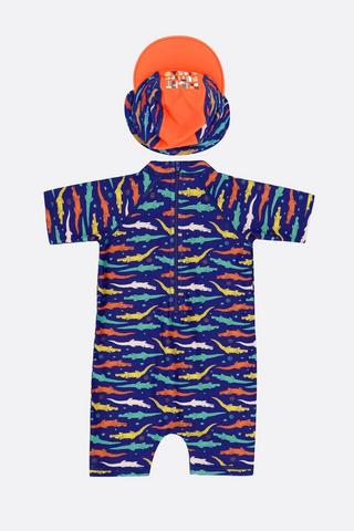 Shark Print Swimsuit And Cap Set