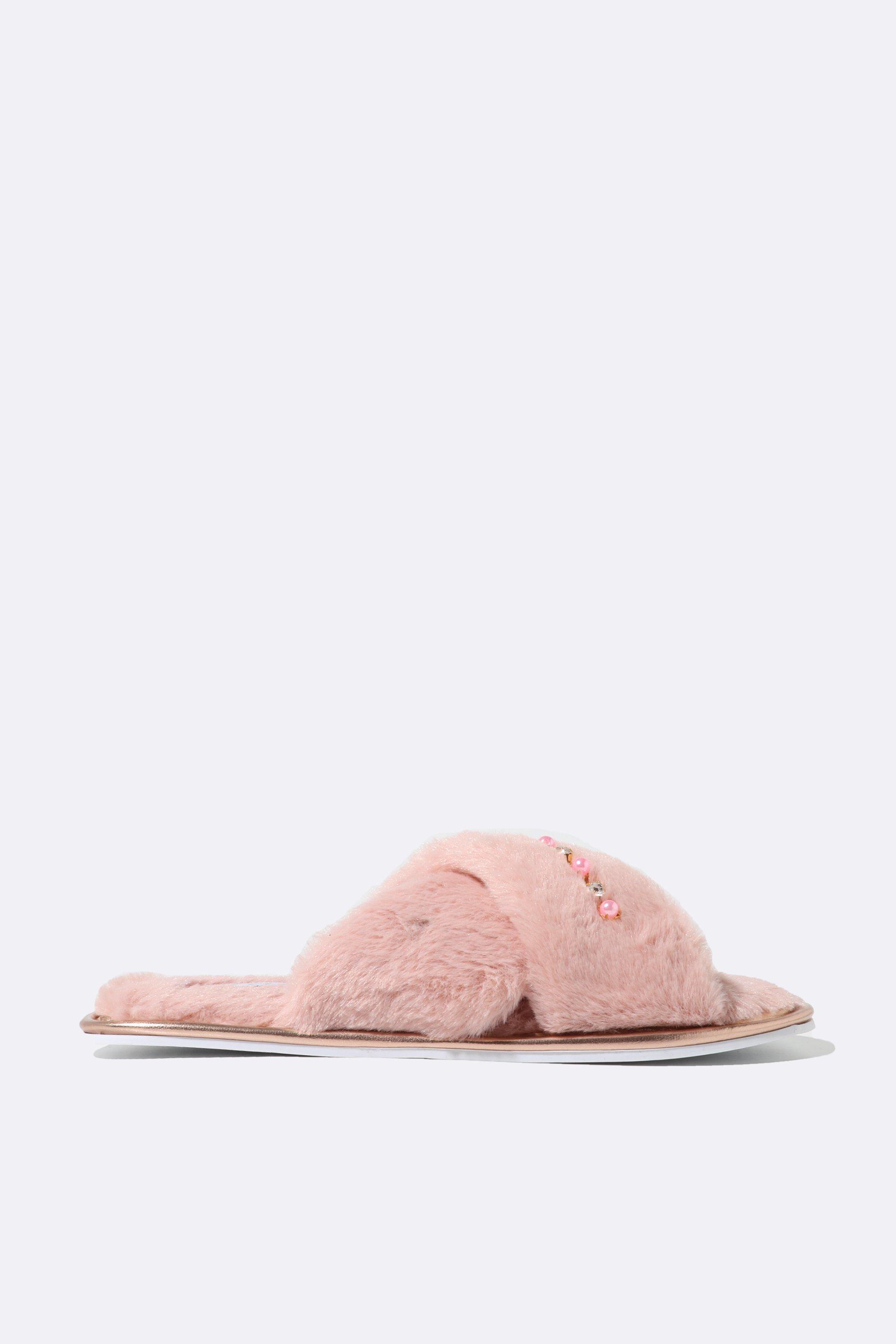 Faux Fur Crossover Slippers - Sleep Accessories - PINK