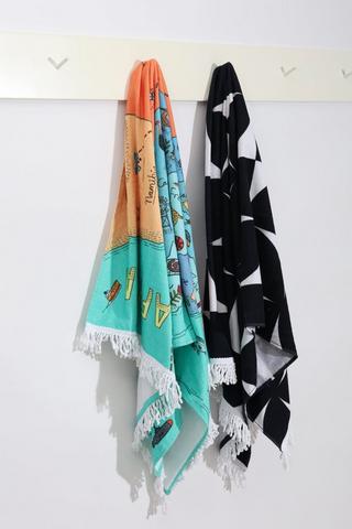 Printed Cotton Map Fringe Beach Towel 90x150cm