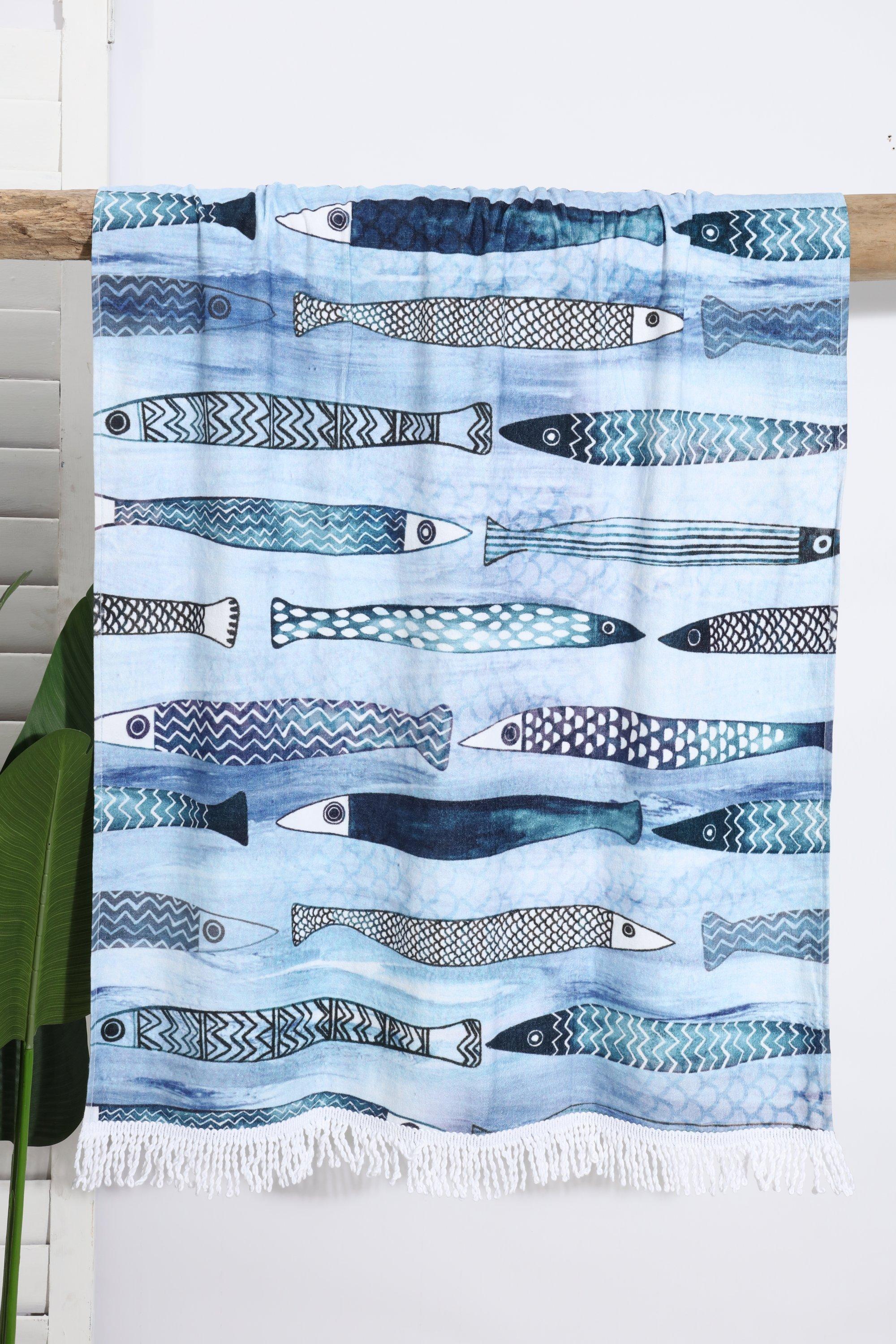 Printed Cotton Coast Fish Fringe Beach Towel 90x150cm