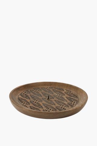 Leaf Carved Wooden Candle Plate, 20cm