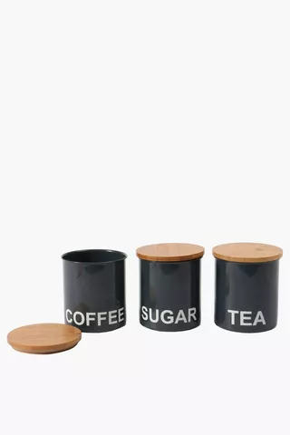 Set Of 3 Metal And Wood Canisters