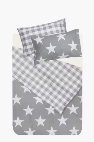Cotton Printed Stars And Checks Reversible Duvet Cover Set