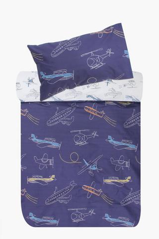 Cotton Chalk Drawing Planes Reversible Duvet Cover Set