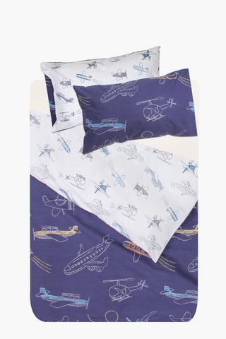 Cotton Chalk Drawing Planes Reversible Duvet Cover Set