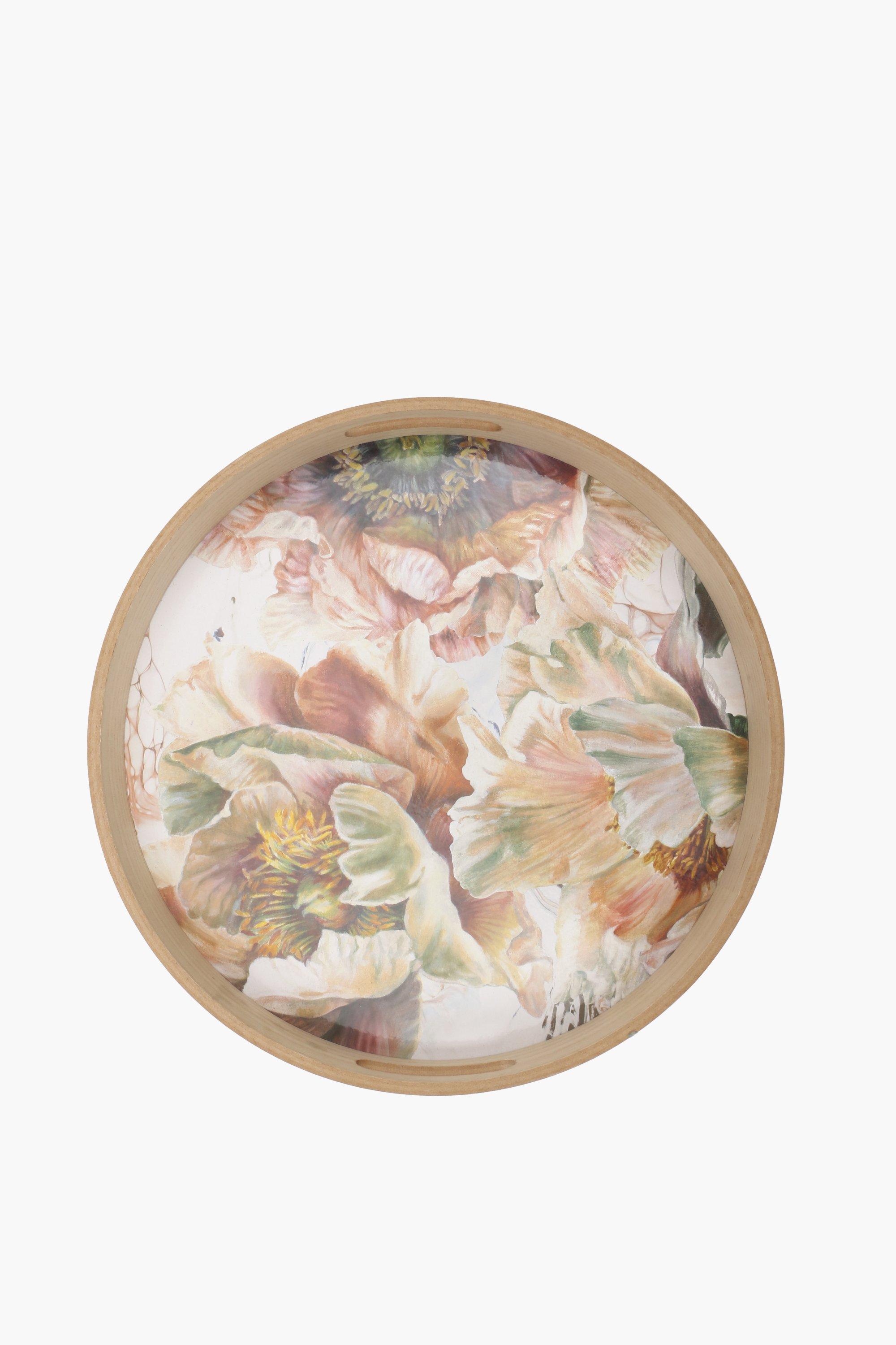 Floral Round Wood Serving Tray