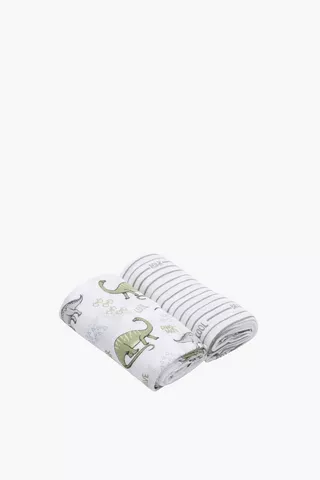 2 Pack Cotton Muslin Dino Swaddle Blankets