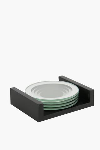 4 Glass Coasters In Holder