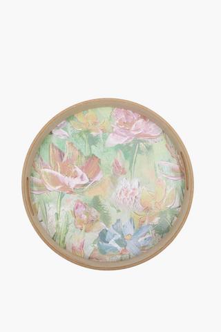 Floral Round Wood Serving Tray