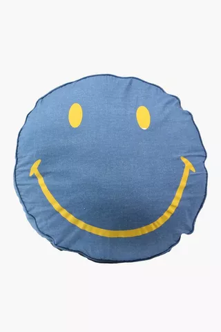 Shaped Happy Face Denim Scatter Cushion, 60cm
